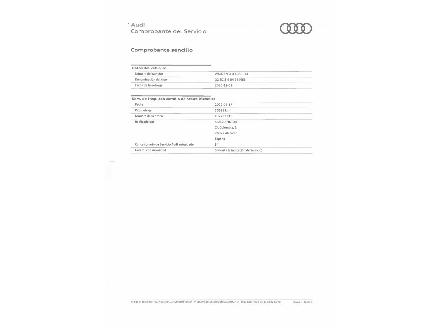 Foto del mantenimiento del Audi Q2 Audi Q2 Advanced 30 TDI (116 CV)