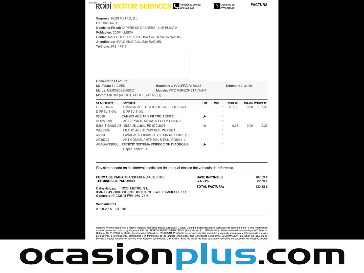 Foto del mantenimiento del Mercedes Vito Mercedes Vito 116 CDI Tourer Pro Larga (163 CV) 9 Plazas