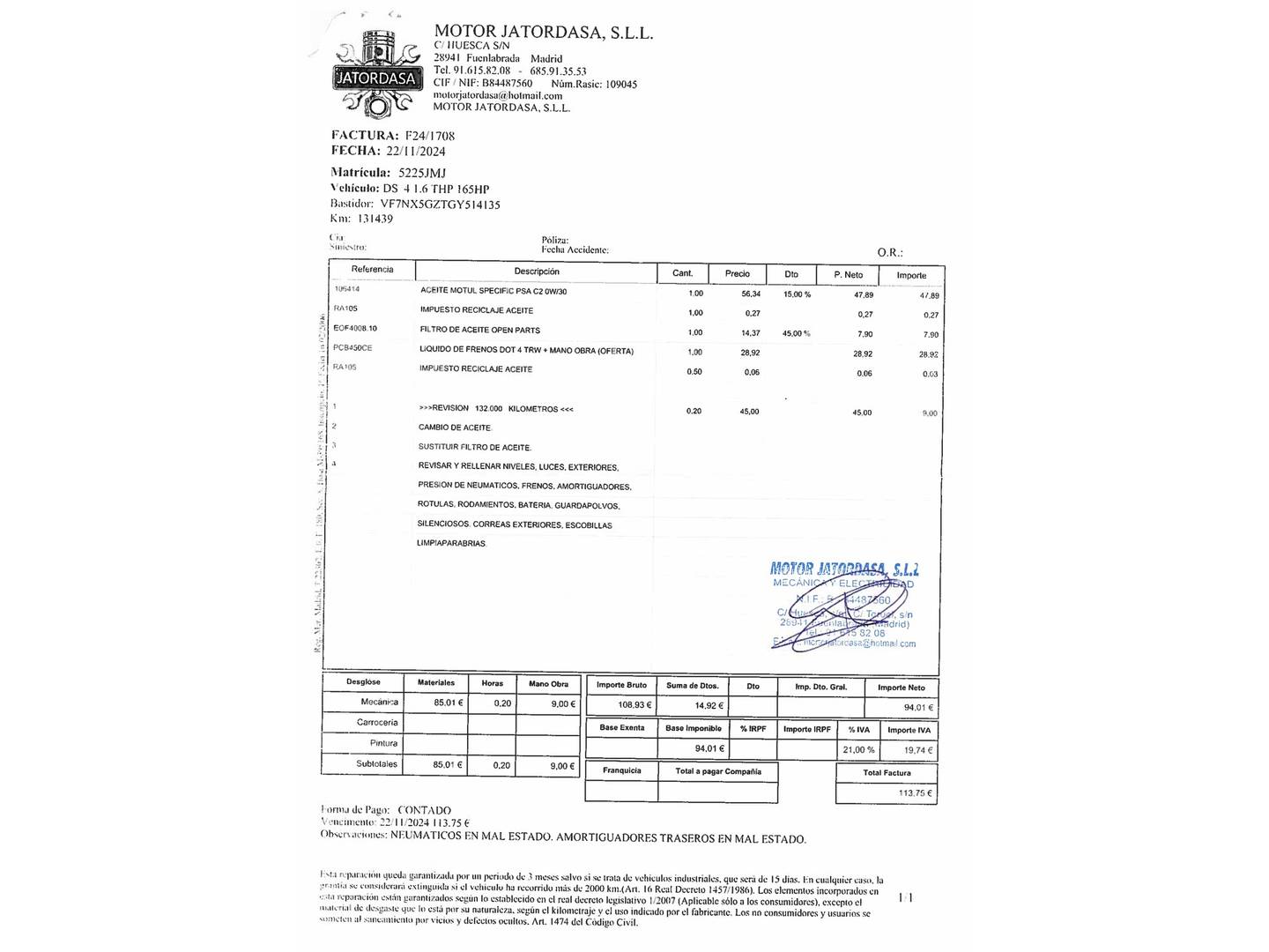 Foto del mantenimiento del DS DS 4 DS DS4 THP 165 S&S Style EAT6 (165 CV)