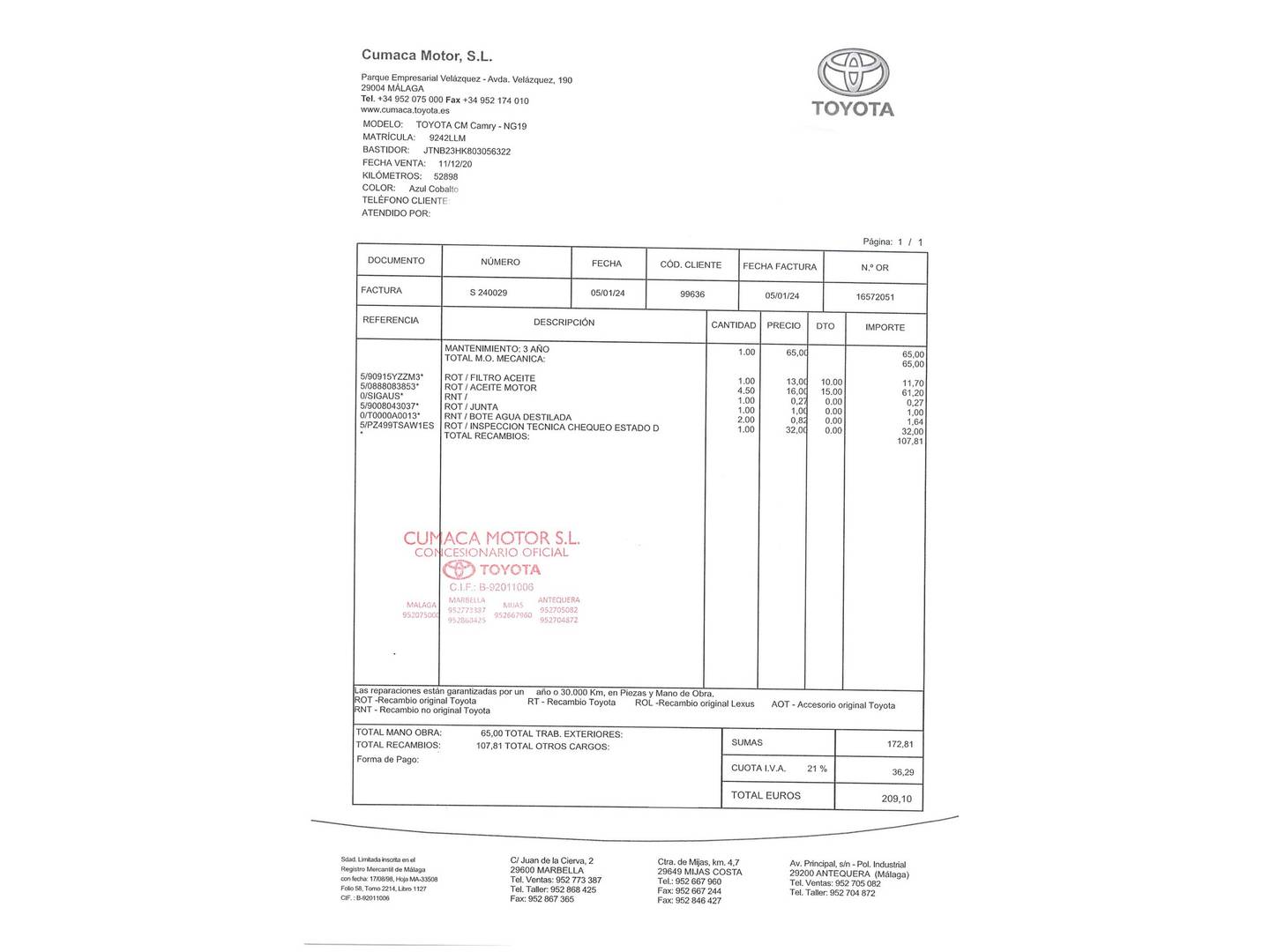 Foto del mantenimiento del Toyota Camry Toyota Camry 2.5 220H Luxury (218 CV)