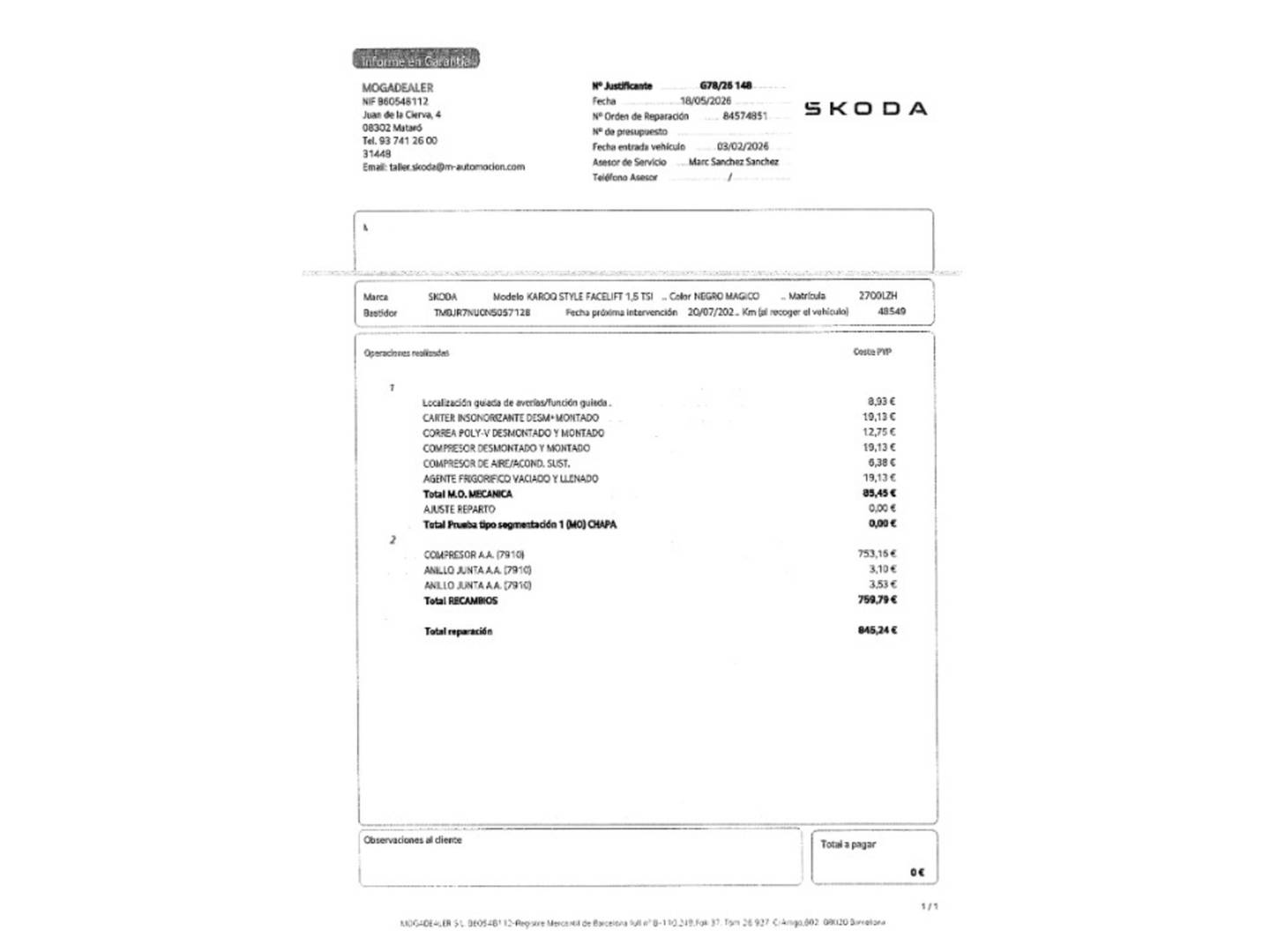 Foto del mantenimiento del Skoda Karoq Skoda Karoq 1.5 TSI ACT Style (150 CV)