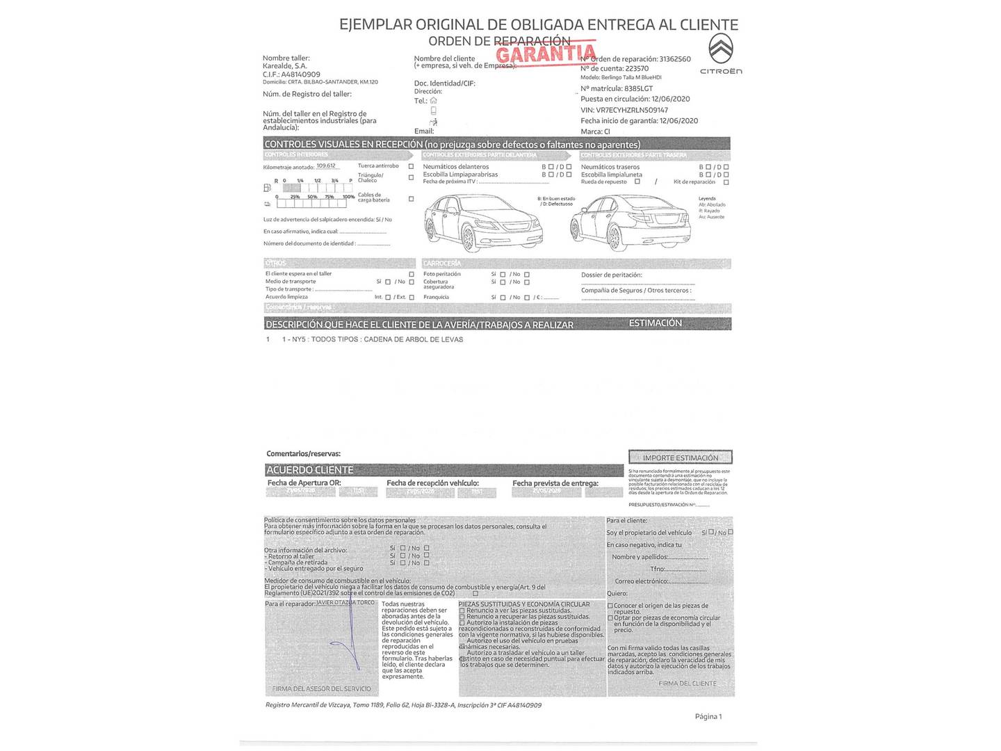 Foto del mantenimiento del Citroën Berlingo Citroën Berlingo BlueHDi 130 S&S Talla M Shine EAT8 (130 CV)