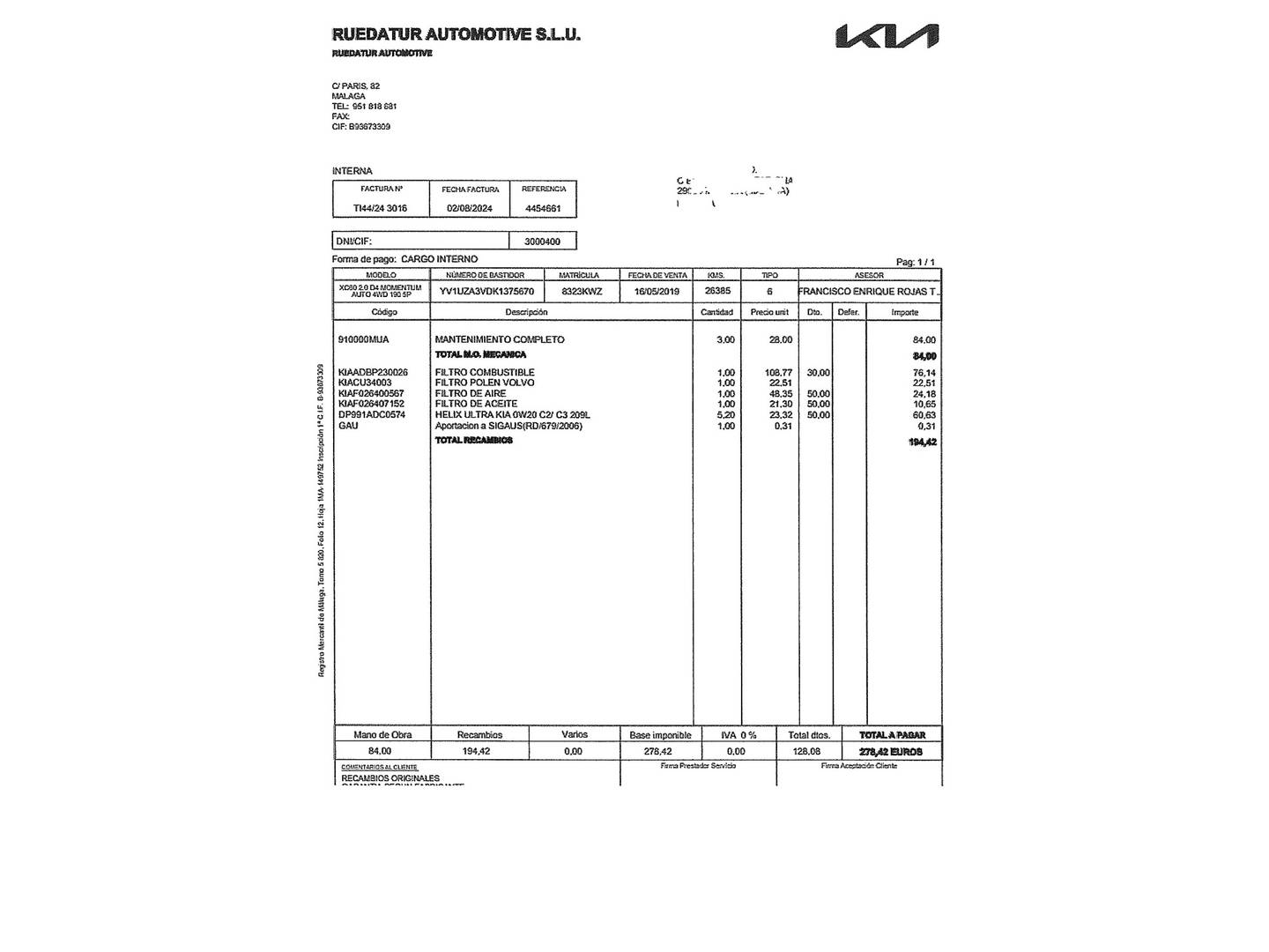 Foto del mantenimiento del Volvo XC60 Volvo XC60 D4 Momentum Auto (190 CV)