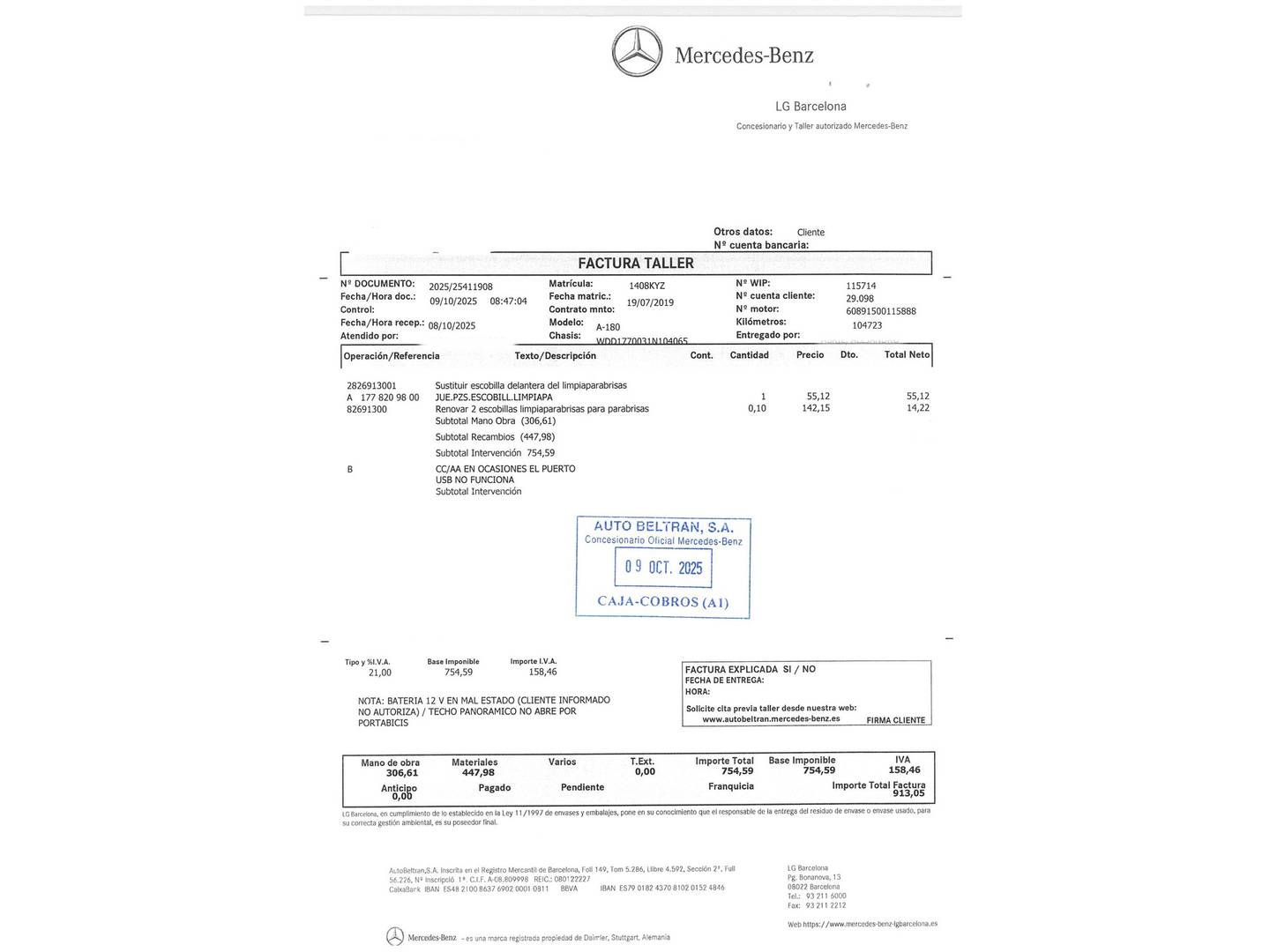 Foto del mantenimiento del Mercedes Clase A Mercedes Clase A 180 d (116 CV) Paquete AMG