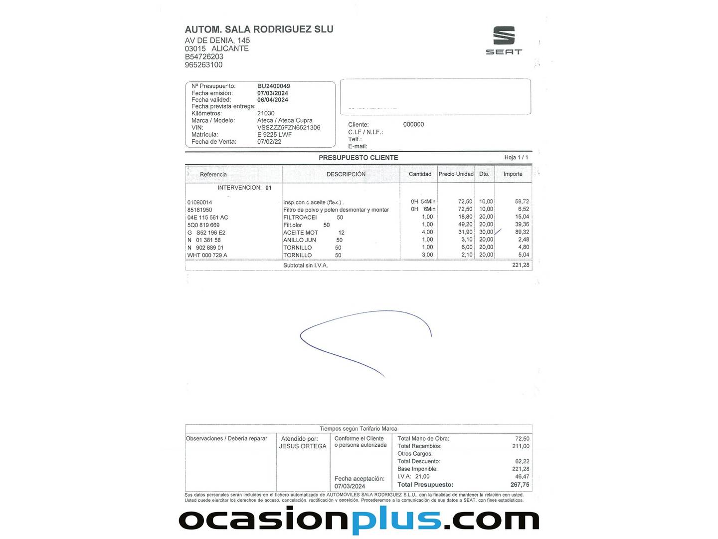 Foto del mantenimiento del Seat Ateca SEAT Ateca 1.5 TSI X-Perience Go L (150 CV)