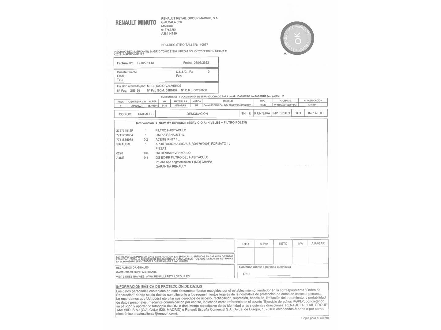 Foto del mantenimiento del Renault Grand Scénic Renault Grand Scenic Zen TCe (140 CV) GPF 7 Plazas