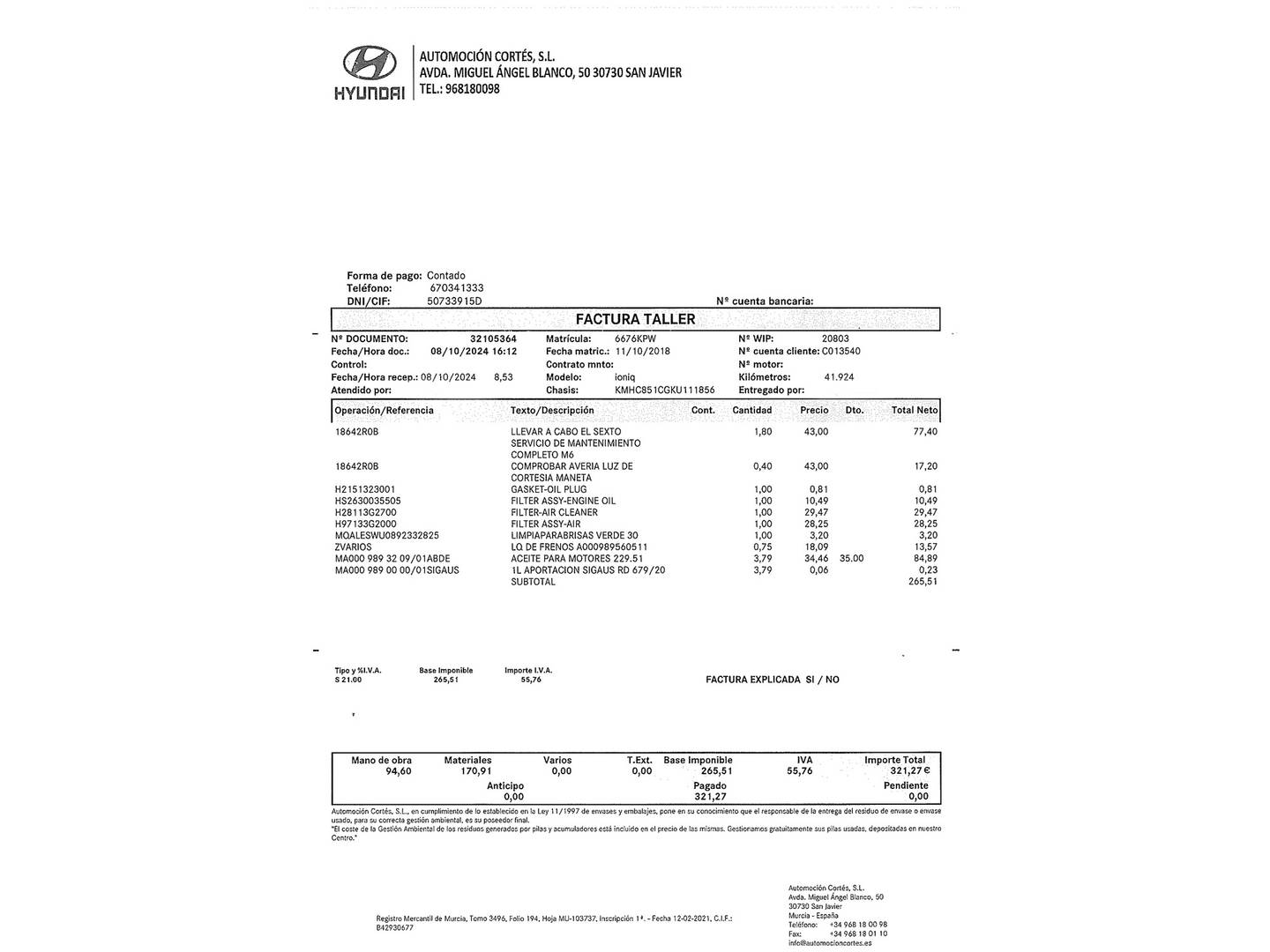 Foto del mantenimiento del Hyundai IONIQ Hyundai Ioniq 1.6 GDI HEV Tecno DCT (141 CV)