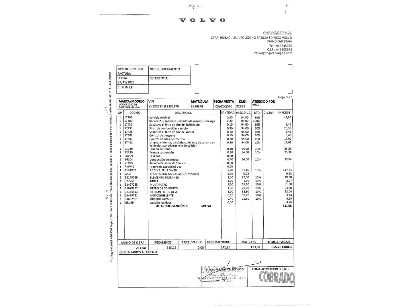 Foto del mantenimiento del Volvo XC40 Volvo XC40 D3 R-Design (150 CV)