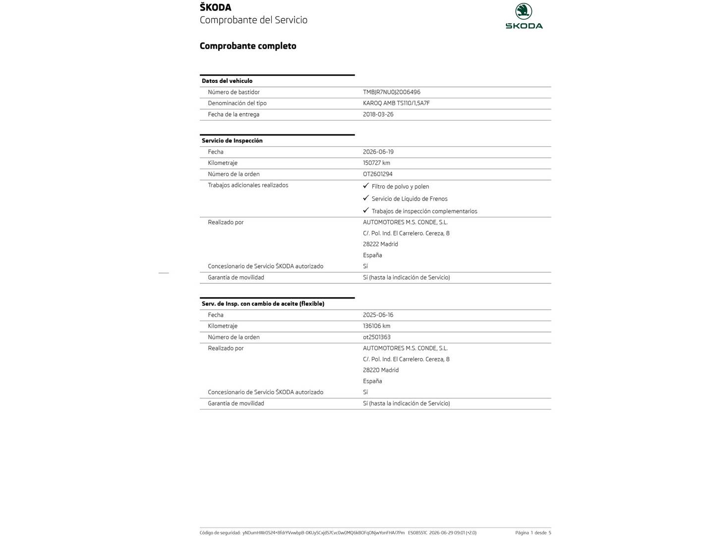 Foto del mantenimiento del Skoda Karoq Skoda Karoq 1.5 TSI ACT Ambition DSG (150 CV)