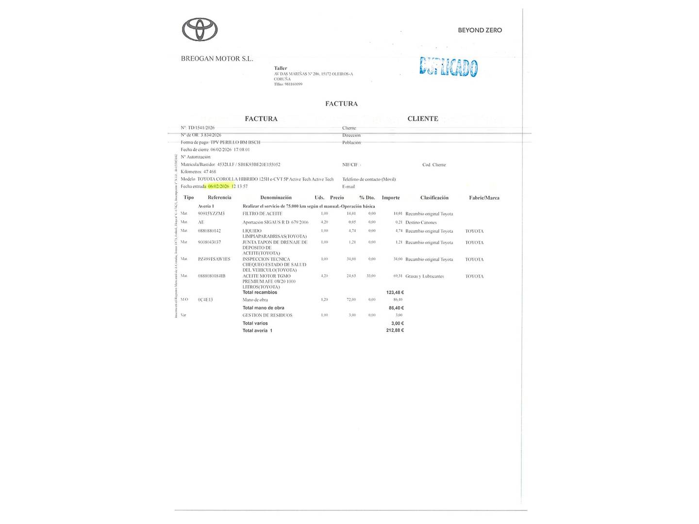 Foto del mantenimiento del Toyota Corolla Toyota Corolla 1.8 125 Híbrido Active Tech E-CVT (122 CV)