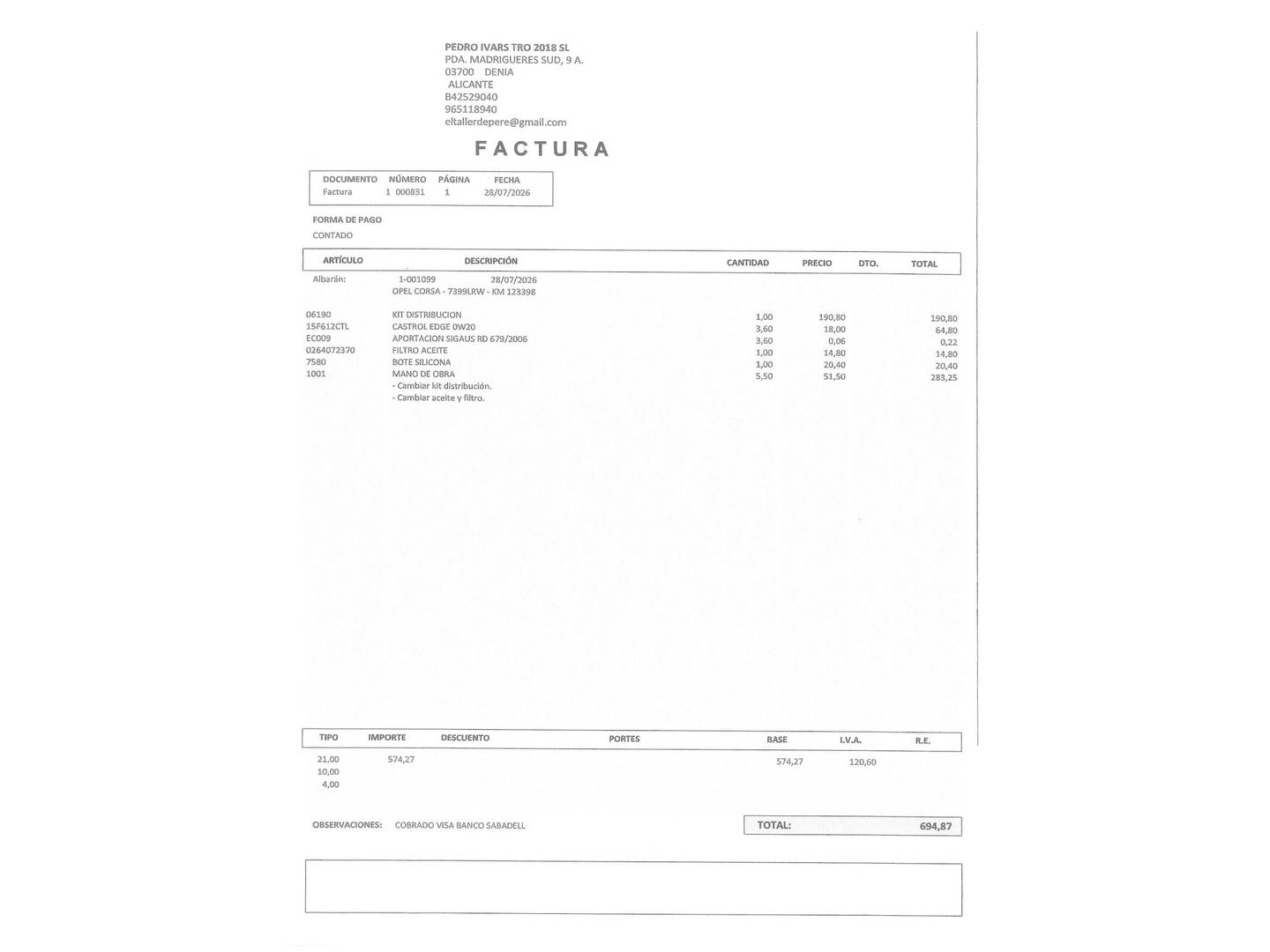 Foto del mantenimiento del Opel Corsa Opel Corsa 1.2 Turbo XHL Elegance Auto (100 CV)