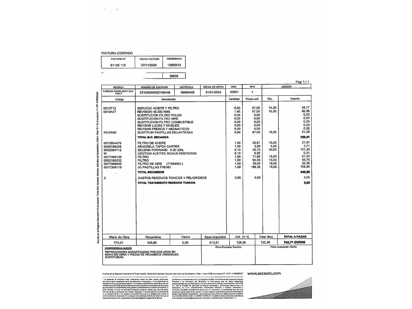 Foto del mantenimiento del Fiat Ducato Fiat Ducato Furgon 35 2.2 Multijet L3H2 (140 CV)