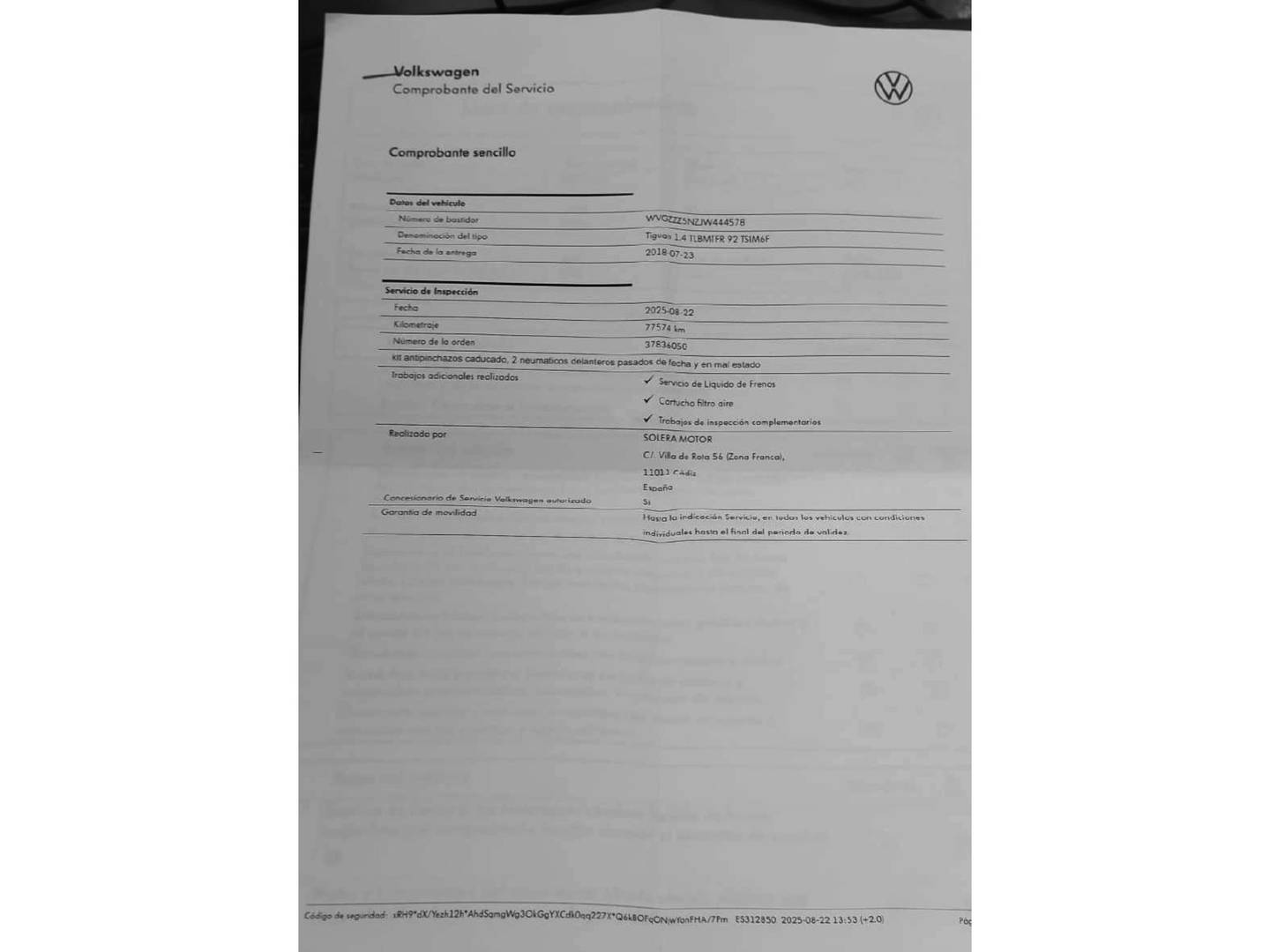 Foto del mantenimiento del Volkswagen Tiguan Volkswagen Tiguan Edition 1.4 TSI (125 CV)