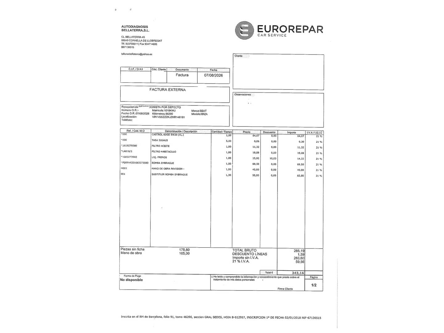 Foto del mantenimiento del Seat Ibiza Seat Ibiza 1.0 TGI GNC S&S FR (90 CV)