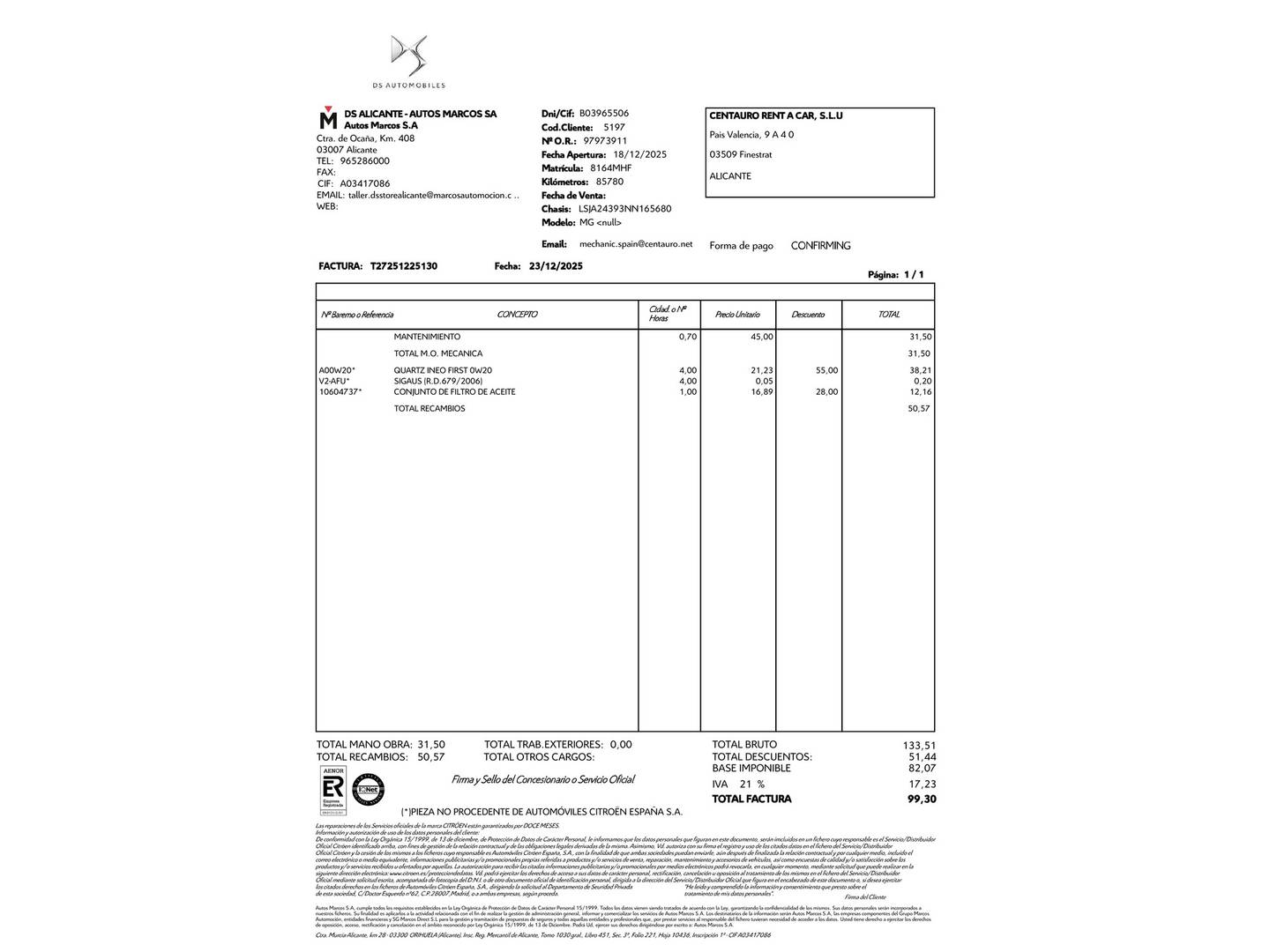 Foto del mantenimiento del MG eHS MG eHS 1.5 T-GDI PHEV Luxury (258 CV)