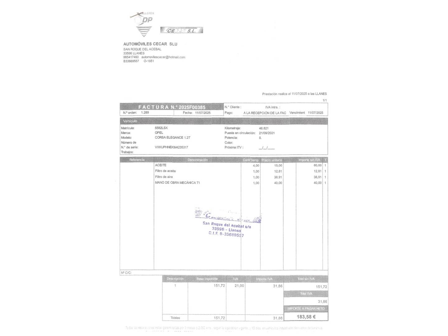 Foto del mantenimiento del Opel Corsa Opel Corsa 1.2 Turbo XHL Elegance (100 CV)