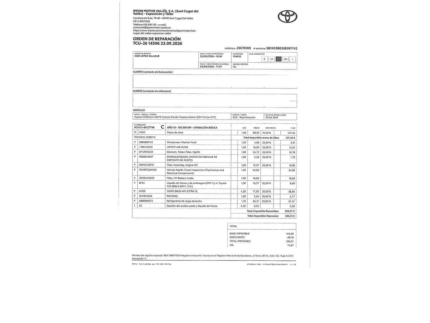 Foto del mantenimiento del Toyota Corolla Toyota Corolla 125H Active E-CVT (122 CV)