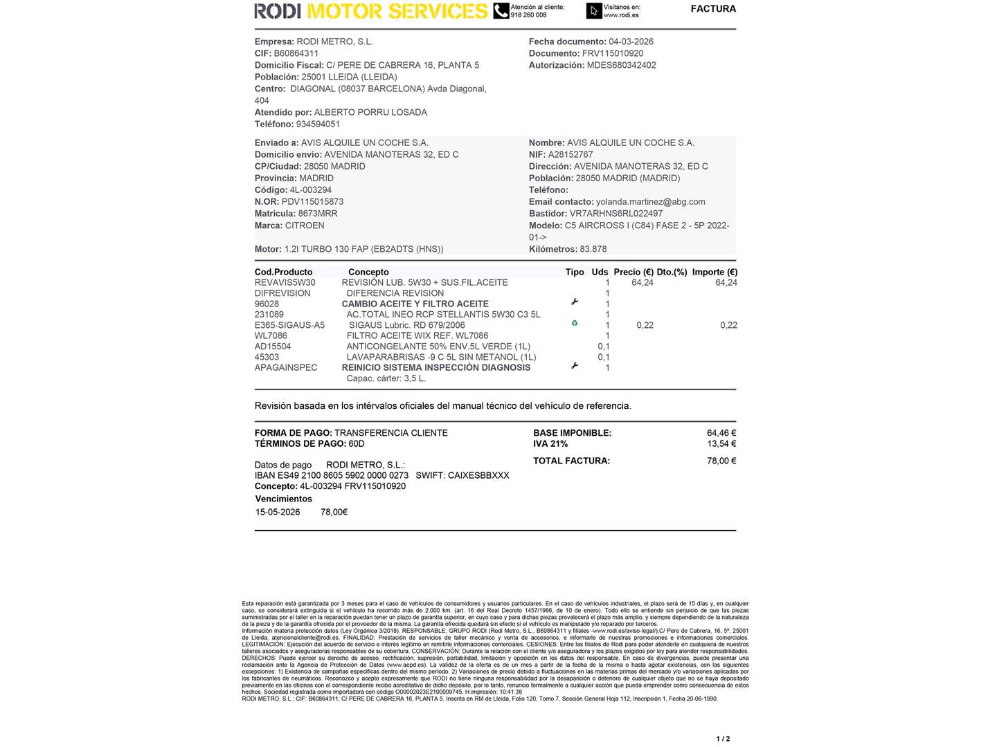 Foto del mantenimiento del Citroën C5 Aircross Citroën C5 Aircross PureTech 130 S&S Plus (131 CV)