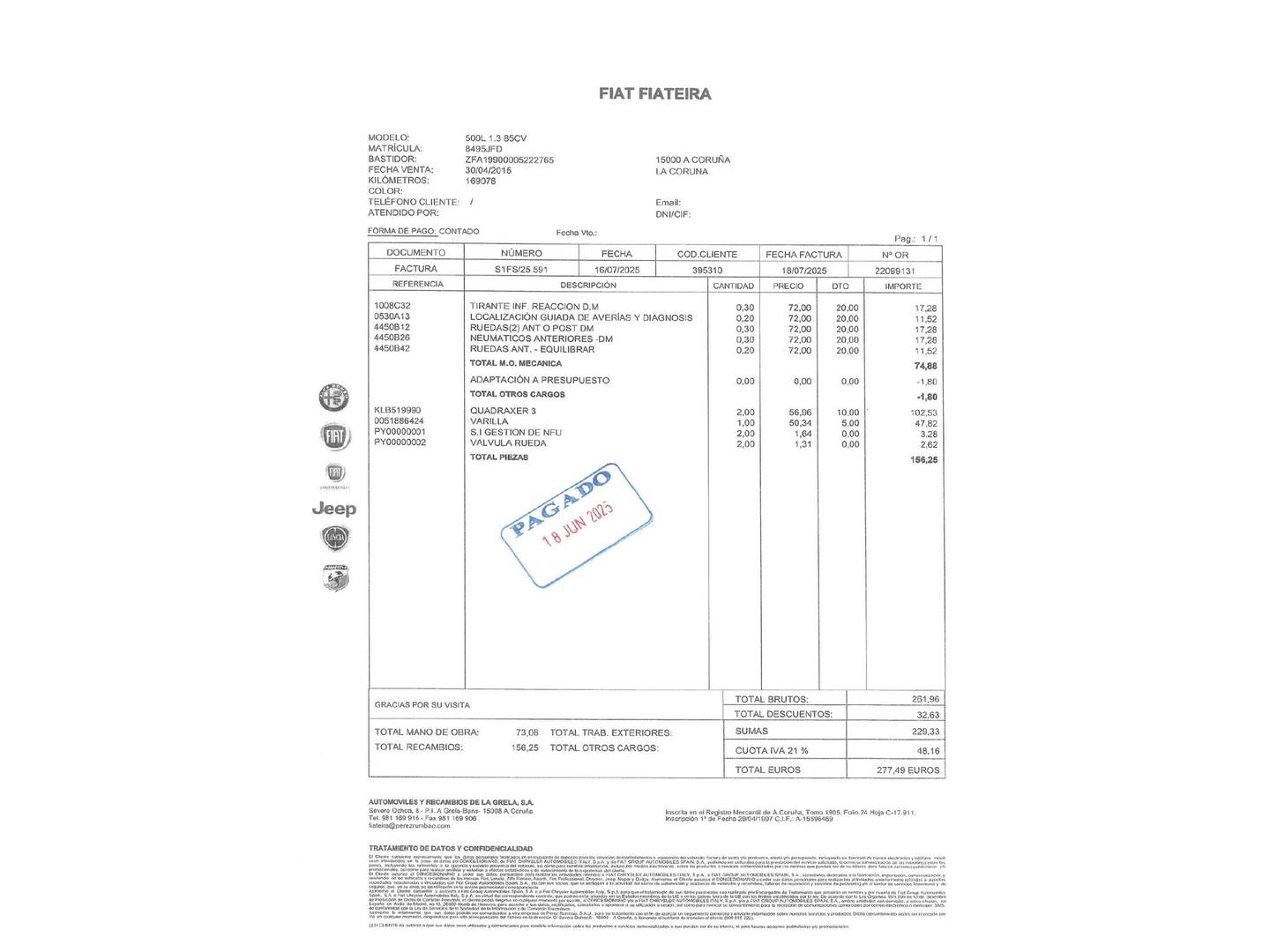 Foto del mantenimiento del Fiat 500L Fiat 500L 1.3 MultiJet II S&S Pop Star (85 CV)
