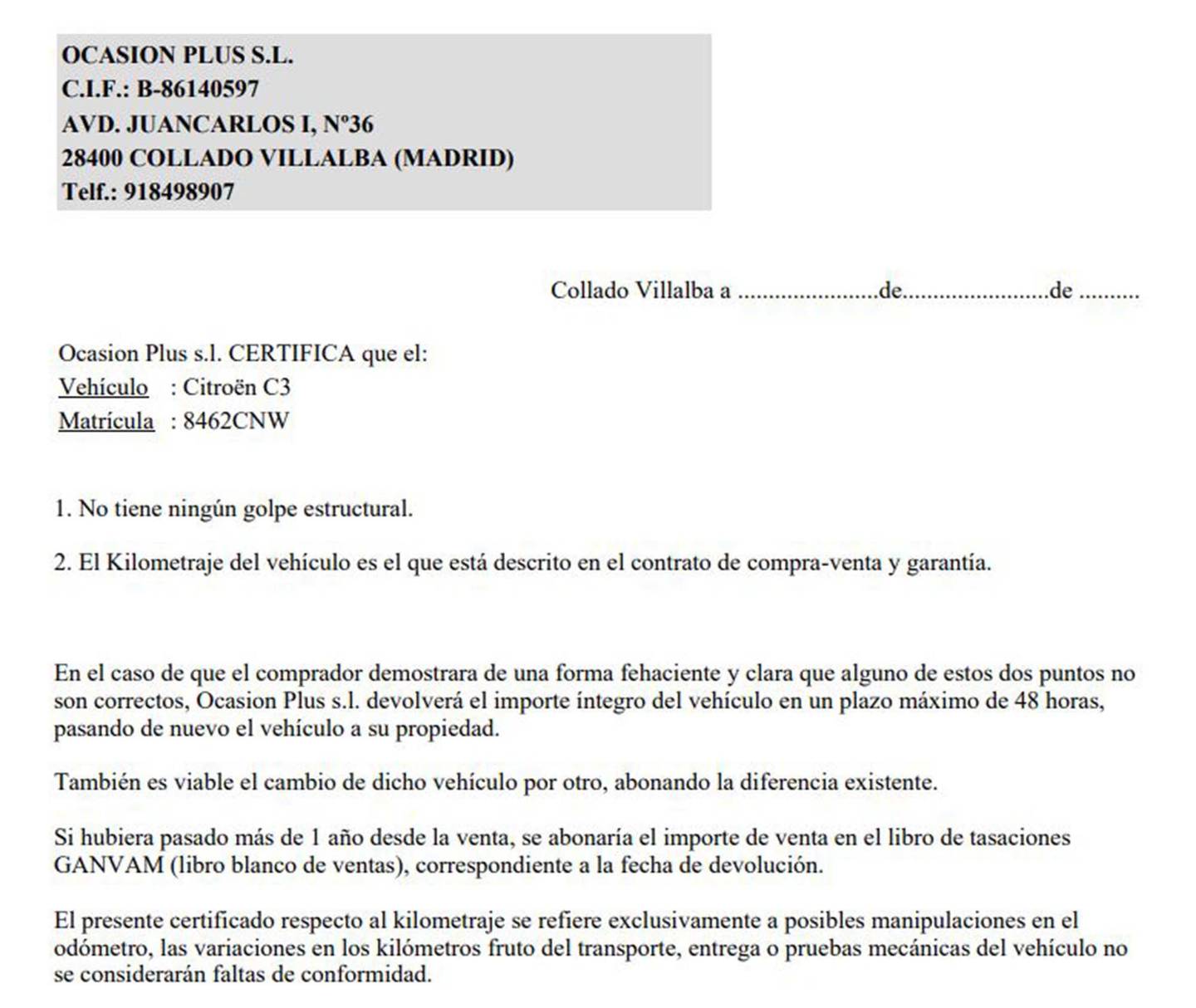 Foto del certificado del Citroën C3 Citroen C3 1.4 SX Plus  (75 CV)