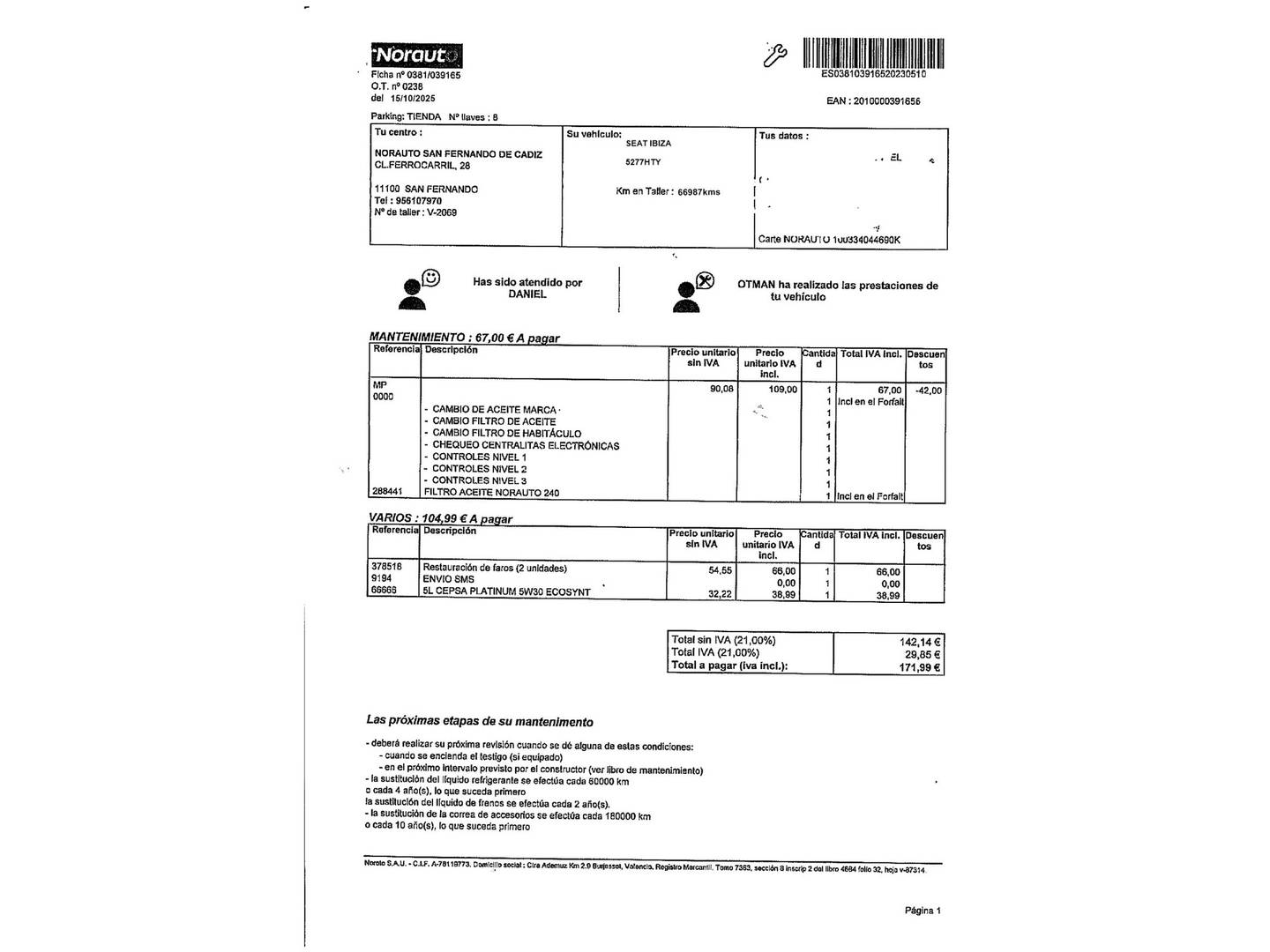 Foto del mantenimiento del Seat Ibiza Seat Ibiza 1.6 TDI Reference (90 CV)