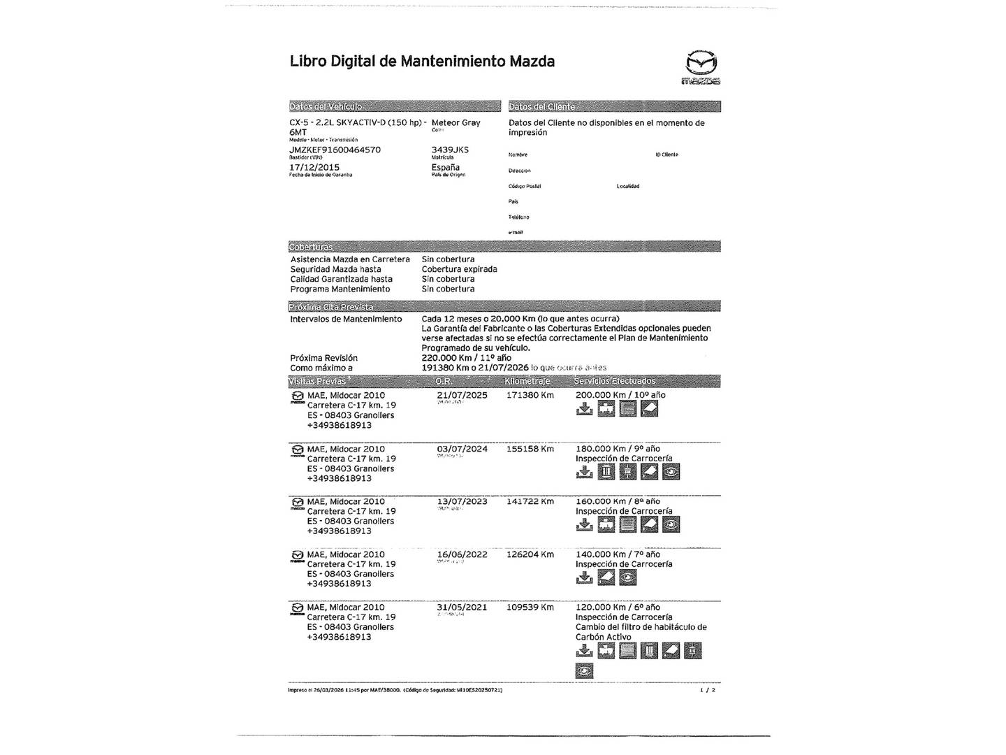 Foto del mantenimiento del Mazda CX-5 Mazda CX-5 2.2 DE Style+ 2WD (150 CV)