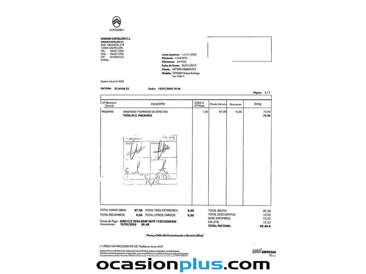 Foto del mantenimiento del Citroën Berlingo Citroën Berlingo BlueHDi 100 Talla XL Club (100 CV)