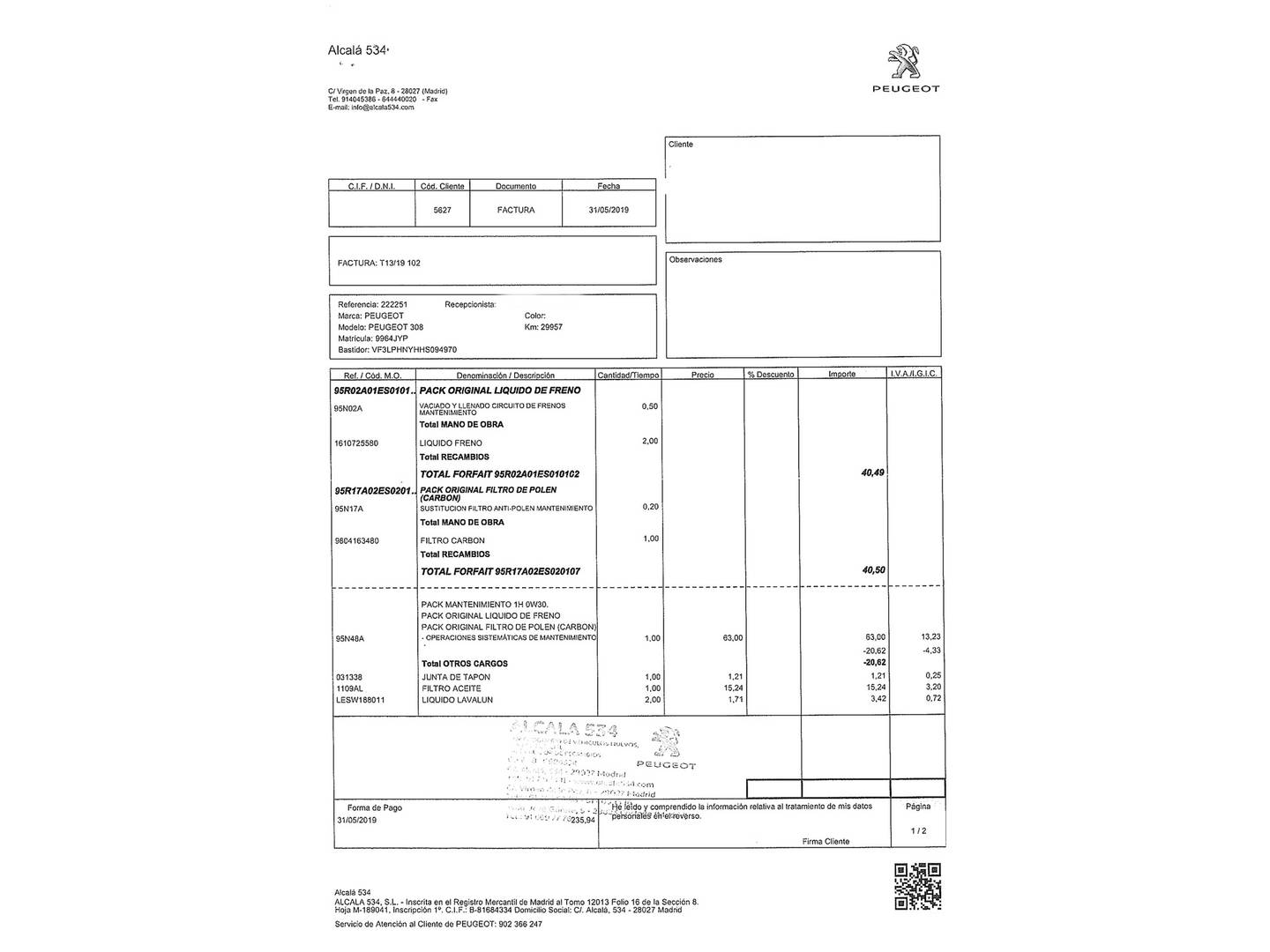 Foto del mantenimiento del Peugeot 308 Peugeot 308 1.2 PureTech S&S GT Line (130 CV)