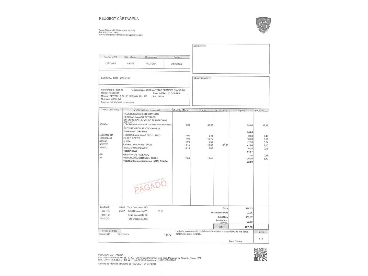 Foto del mantenimiento del Peugeot Rifter Peugeot Rifter BlueHDi 100 Allure Pack Standard (100 CV)