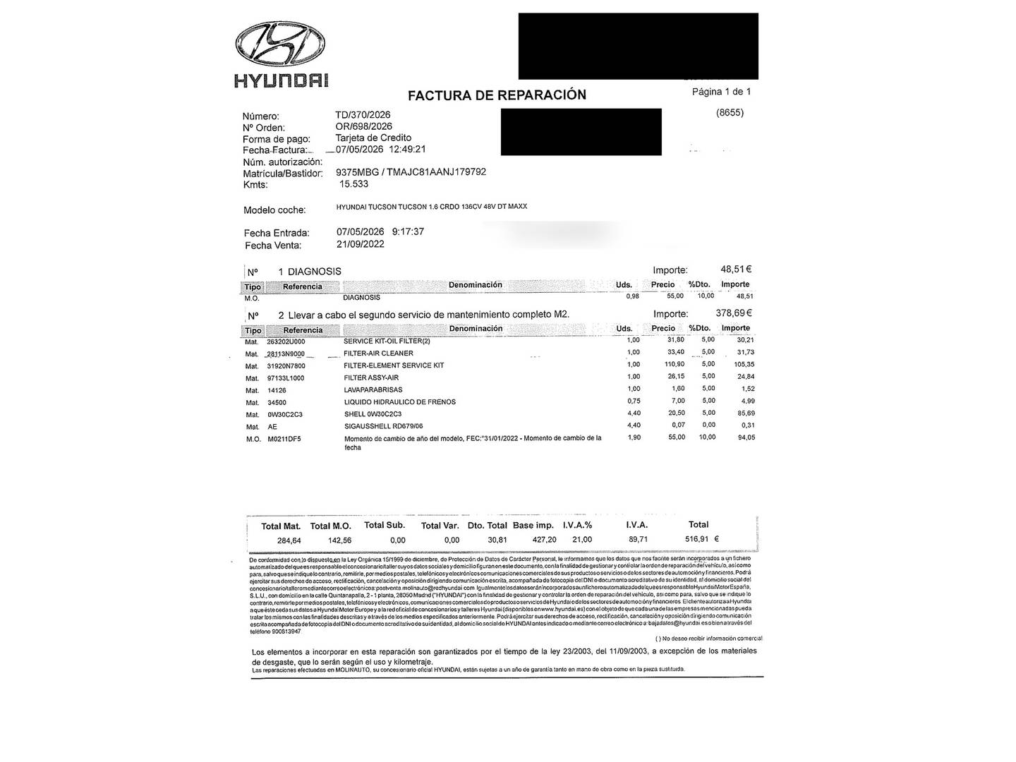 Foto del mantenimiento del Hyundai Tucson Hyundai Tucson 1.6 CRDI 48V Maxx (136 CV)