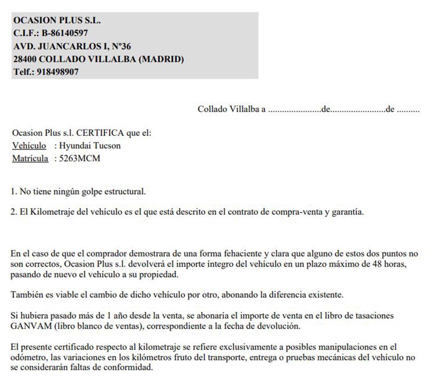 Foto del certificado del Hyundai Tucson Hyundai Tucson 1.6 TGDI Klass 4x2 (150 CV)
