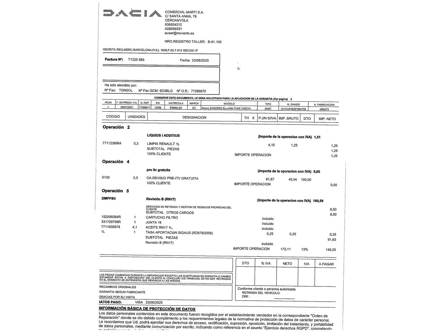 Foto del mantenimiento del Dacia Sandero Dacia Sandero Essential (100CV) ECO-G  ( GLP )