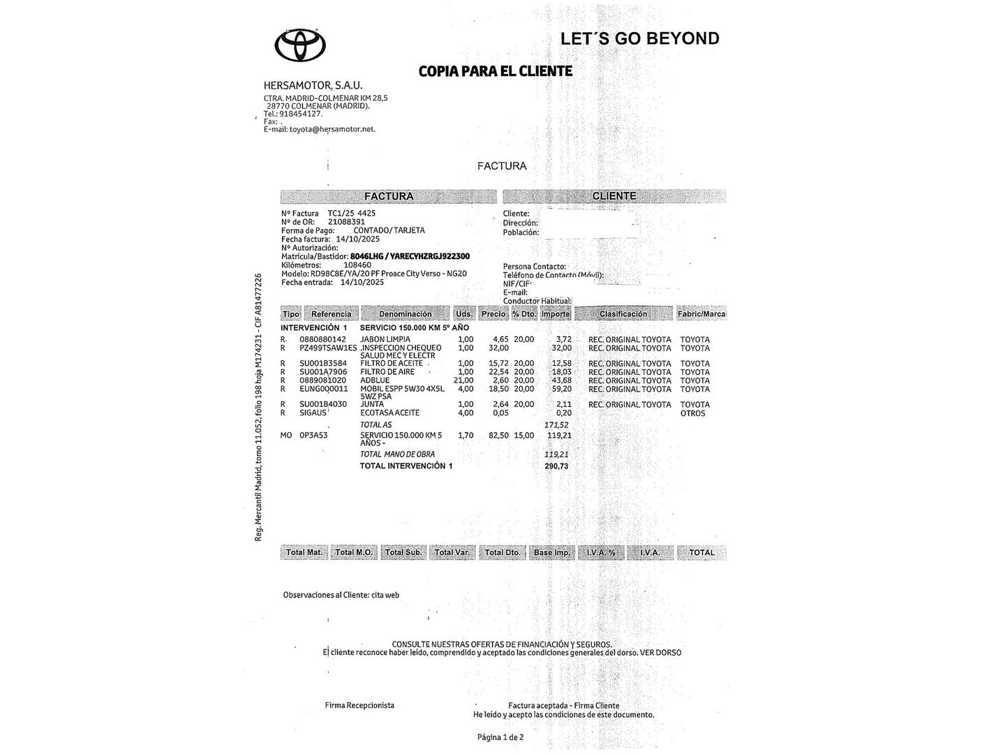 Foto del mantenimiento del Toyota Proace City Verso Toyota Proace City Verso 1.5D Family Advance L1 Auto (131 CV)