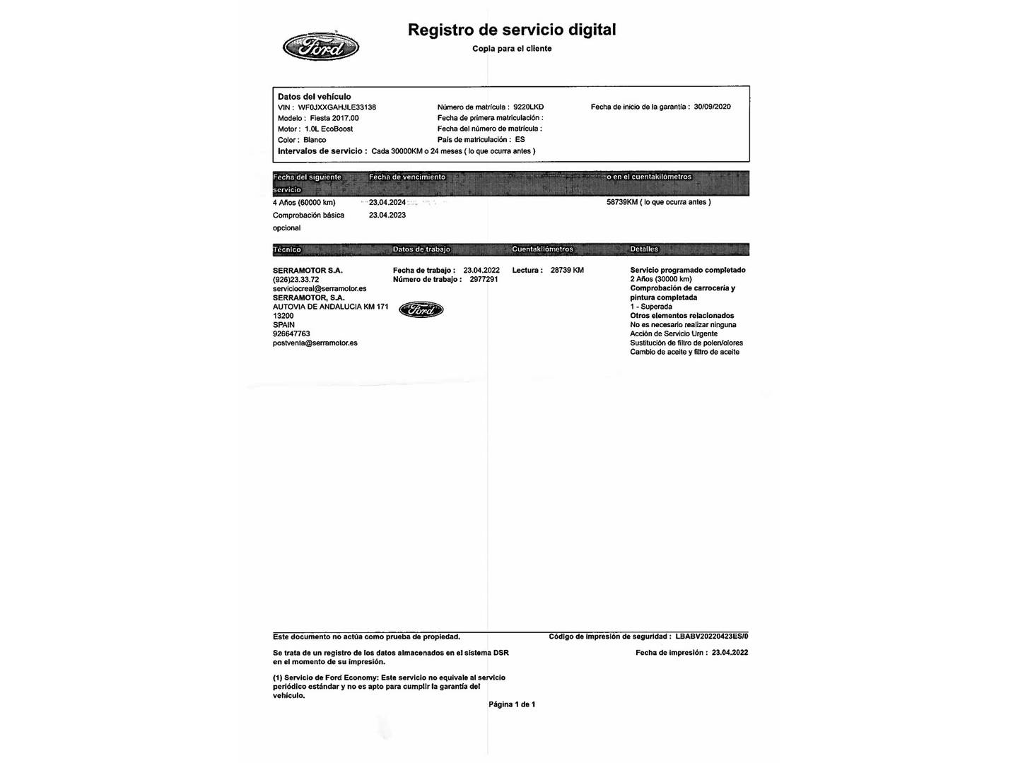 Foto del mantenimiento del Ford Fiesta Ford Fiesta 1.0 EcoBoost MHEV ST-Line (125 CV)