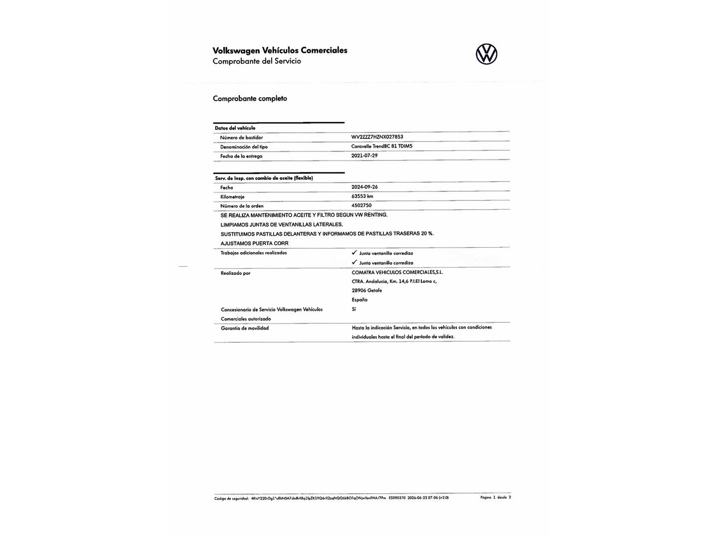 Foto del mantenimiento del Volkswagen Caravelle Volkswagen Caravelle Caravelle Origin Batalla Corta 2.0 TDI BMT (110 CV)