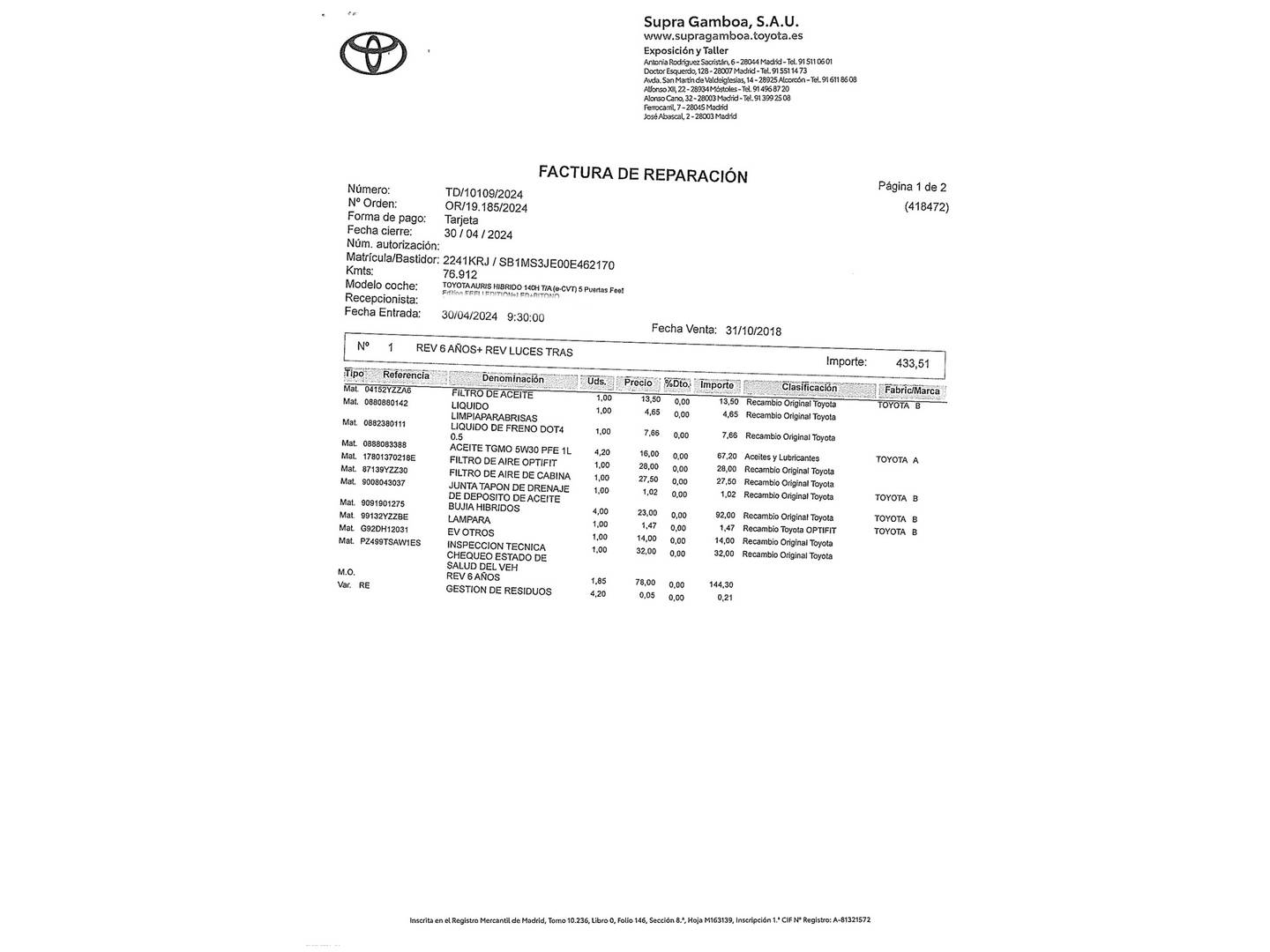 Foto del mantenimiento del Toyota Auris Toyota Auris 140H Hybrid Feel! (136 CV)