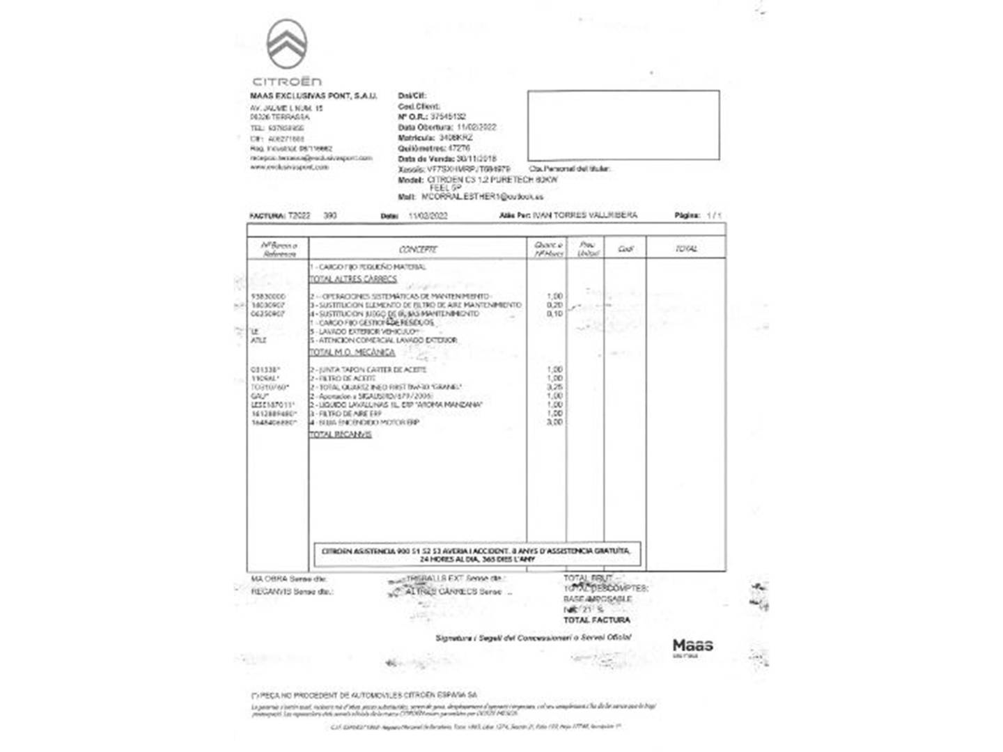 Foto del mantenimiento del Citroën C3 Citroën C3 PureTech 82 Feel (83 CV)