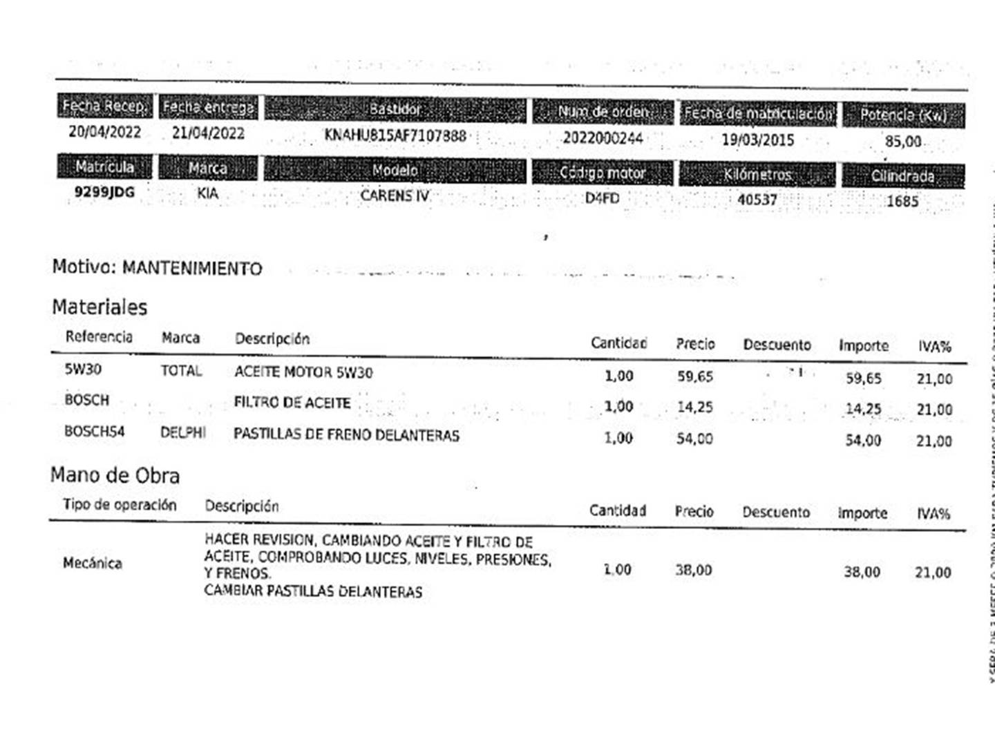 Foto del mantenimiento del KIA Carens Kia Carens 1.7 CRDi VGT Eco-Dynamic Drive (115 CV) 7 Plazas