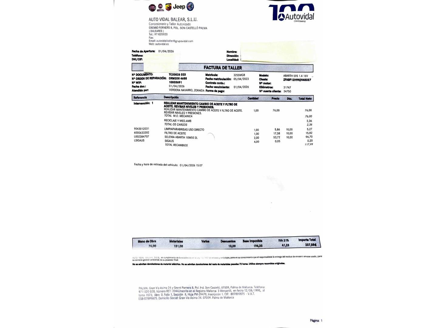 Foto del mantenimiento del Abarth 500 Abarth 500 1.4 16v T-Jet 595 (165 CV)