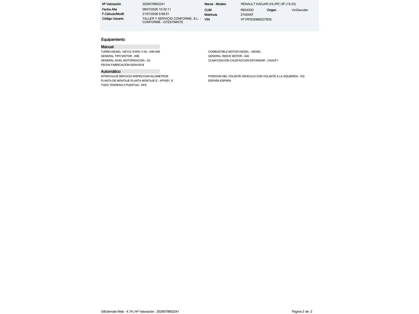 Foto del mantenimiento del Renault Kadjar Renault Kadjar Business Energy dCi (130 CV) 4X4