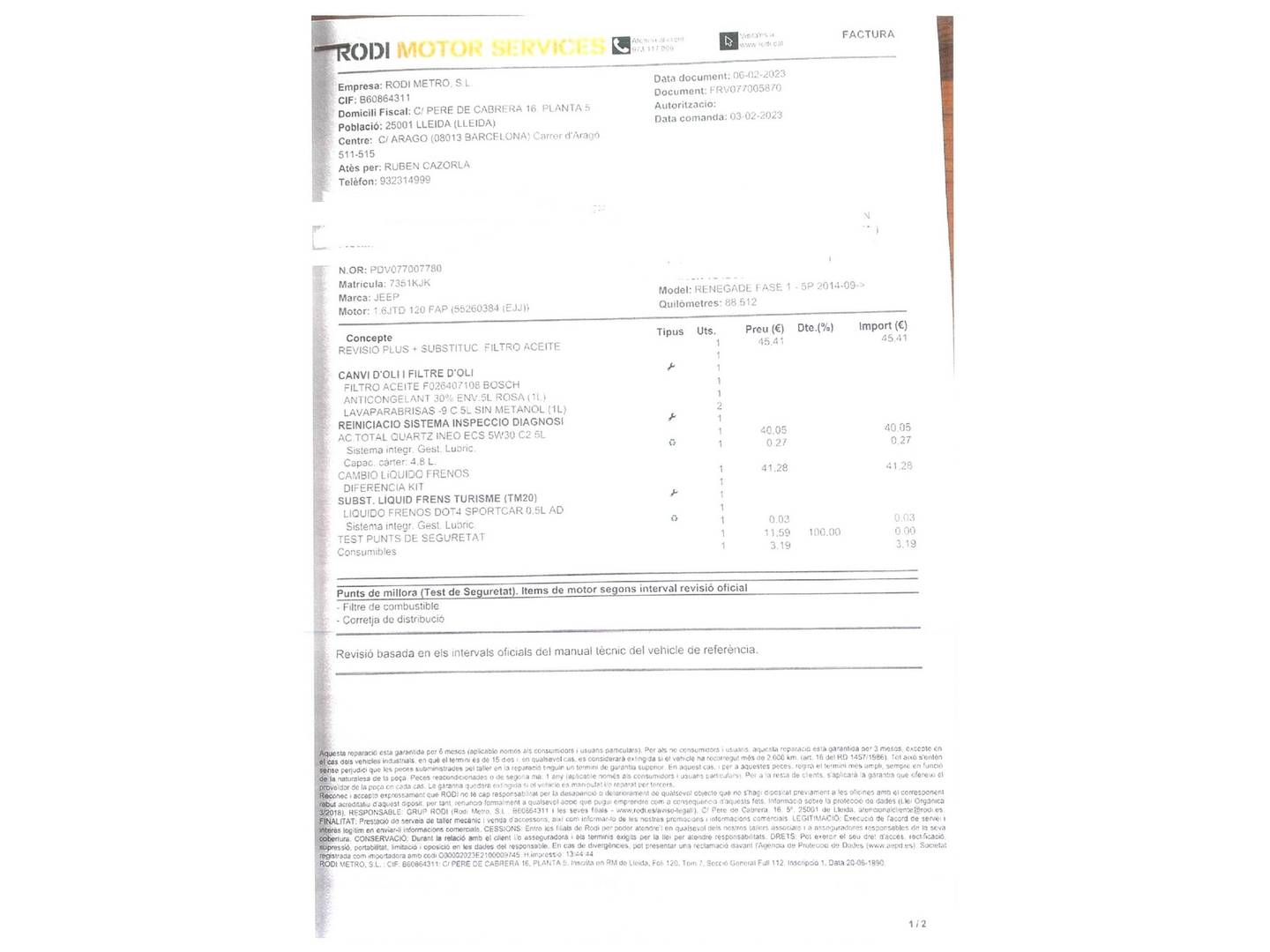 Foto del mantenimiento del Jeep Renegade Jeep Renegade 1.6 Multijet Sport 4x2 (120 CV)