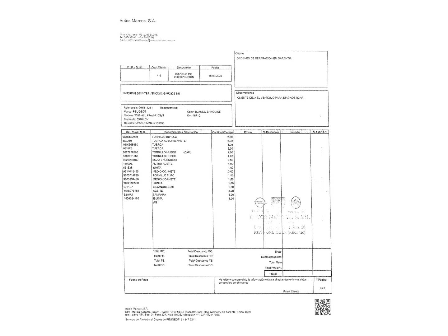Foto del mantenimiento del Peugeot 2008 Peugeot 2008 PureTech 110 Allure (110 CV)