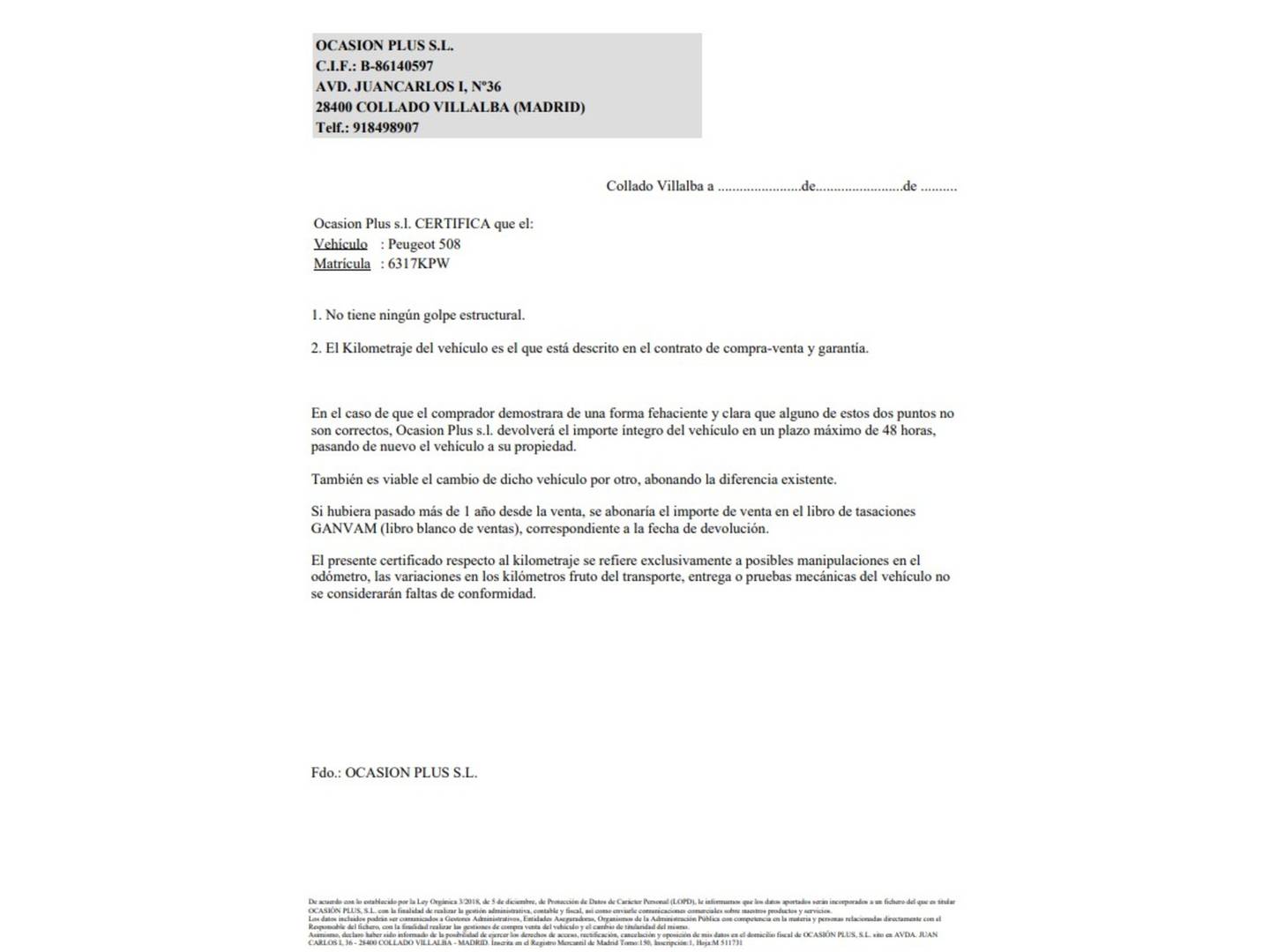 Foto del certificado del Peugeot 508 Peugeot 508 BlueHDi 180 S&S GT EAT8 (180 CV)