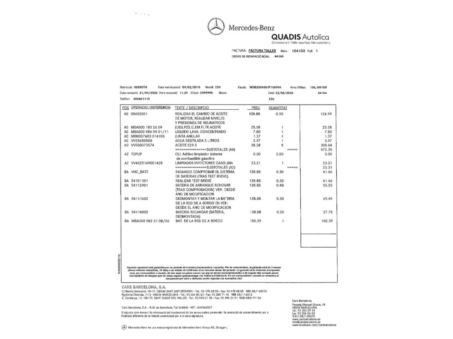 Foto del mantenimiento del Mercedes Clase SL Mercedes Clase SL SL 350 (315 CV)