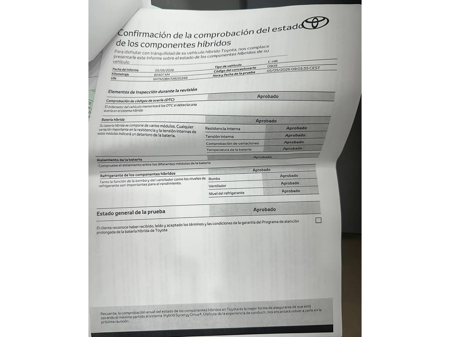 Foto del mantenimiento del Toyota C-HR Toyota C-HR 180H Advance (184 CV)