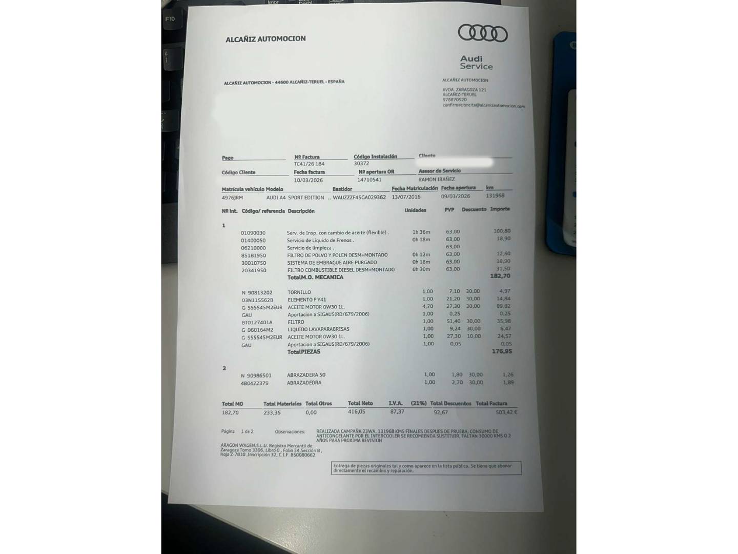 Foto del mantenimiento del Audi A4 Audi A4 sport edition 2.0 TDI (150 CV) Pack S-Line