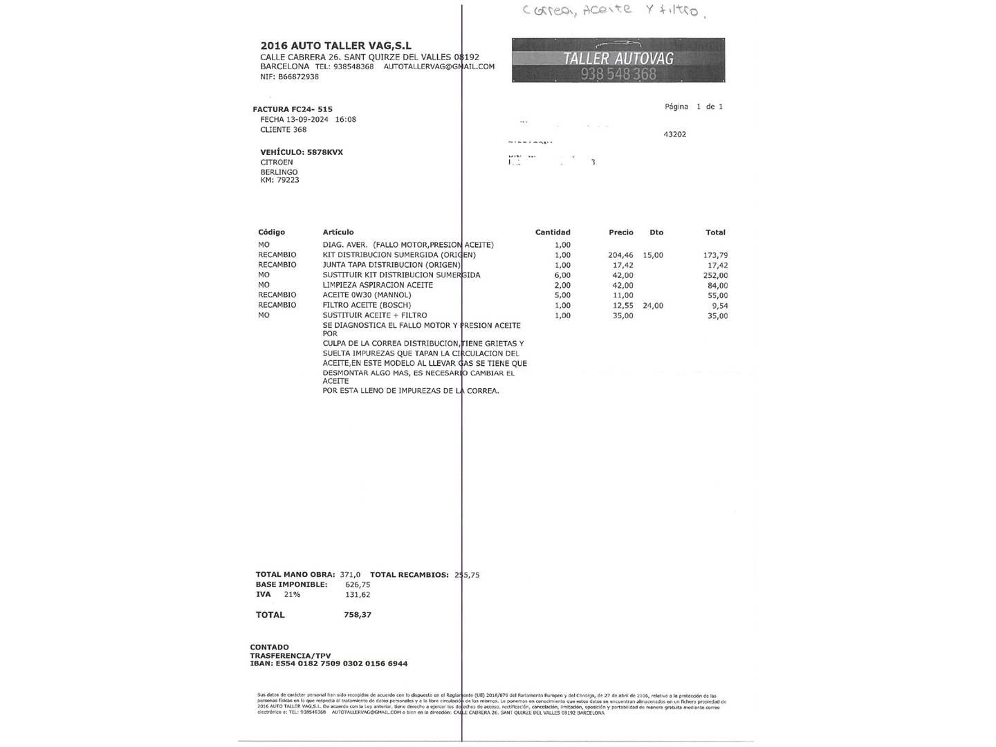 Foto del mantenimiento del Citroën Berlingo Citroën Berlingo Combi PureTech 110 S&S Talla M Feel (110 CV)
