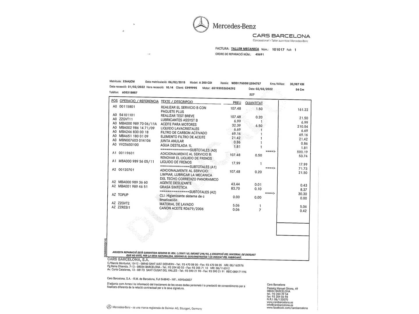 Foto del mantenimiento del Mercedes Clase A Mercedes Clase A 200 CDI AMG Line (136 CV)