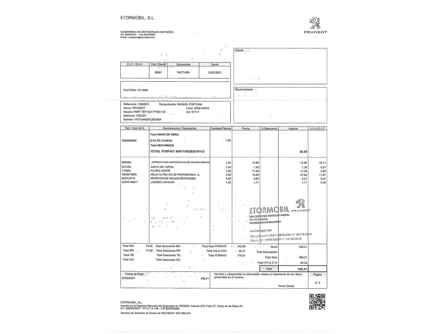 Foto del mantenimiento del Peugeot Partner Peugeot Partner Tepee Combi 1.2 PureTech Outdoor (110 CV)