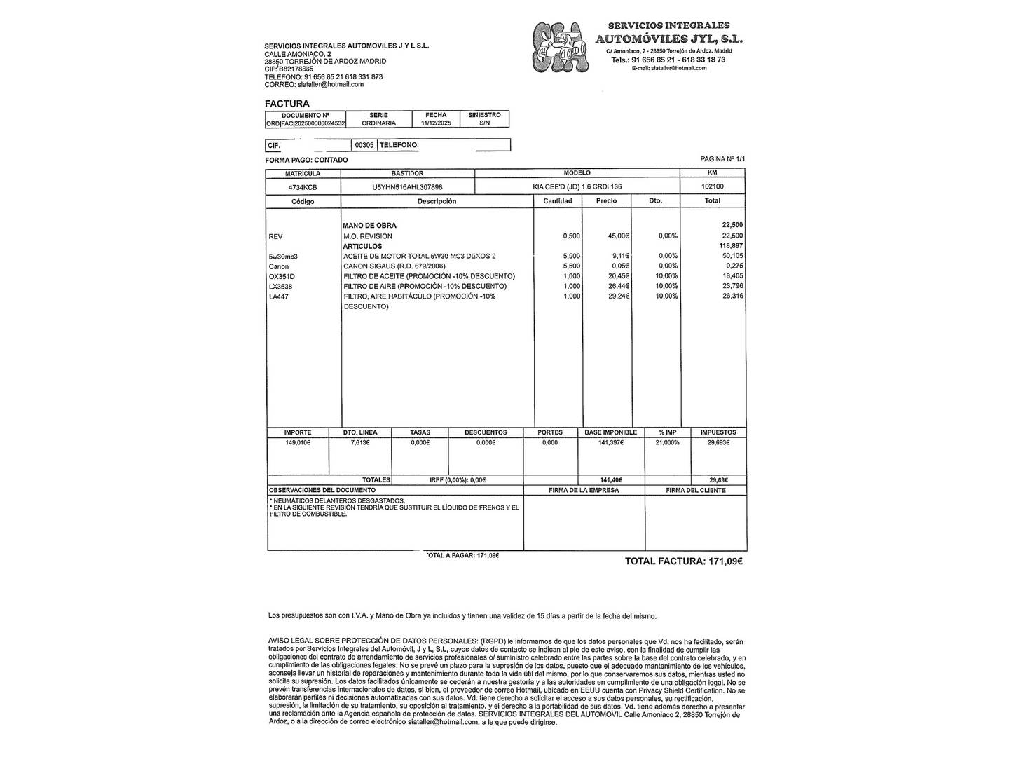 Foto del mantenimiento del KIA Ceed Kia Ceed 1.6 CRDi VGT GT Line (136 CV)